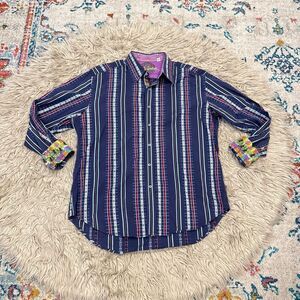 Robert Graham Navy Striped Fire Hydrant Flip Cuffs Button Shirt Men's XL